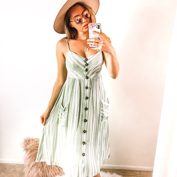 Sea foam Stripe Button Down Retro Dress - Picture 2 of 7